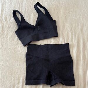 Black Ribbed Sports Bra and Shorts Set